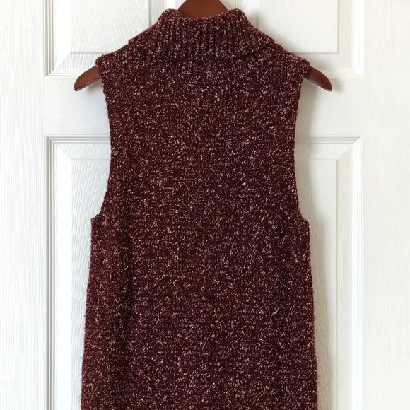 Anthropologie Marled Knit Sleeveless Side Slit Turtleneck Sweater Tunic Burgundy