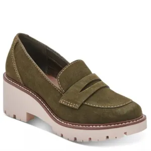 Aqua College Diana Olive suede leather lug sole platform loafers 7