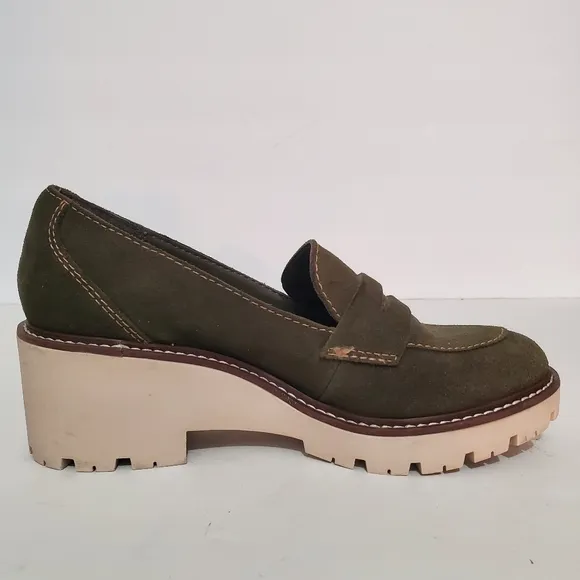 Aqua College Diana Olive suede leather lug sole platform loafers 7