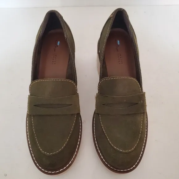 Aqua College Diana Olive suede leather lug sole platform loafers 7
