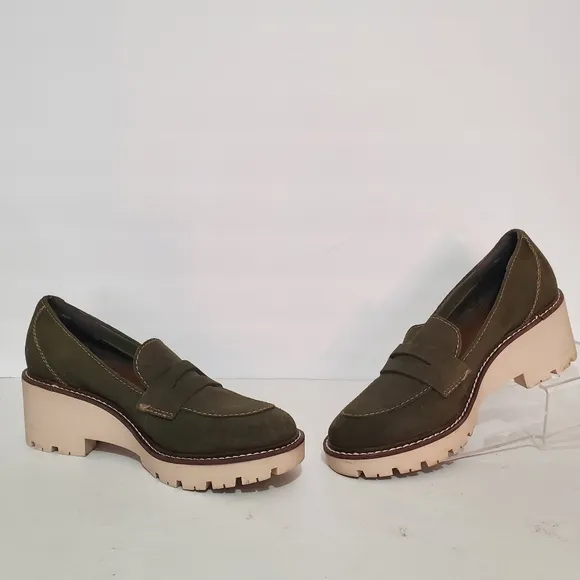 Aqua College Diana Olive suede leather lug sole platform loafers 7