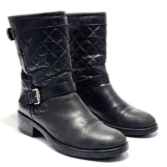 Aquatalia by Marvin K Sweetie Black Quilted Leather Moto Boots Size Women's 9 M