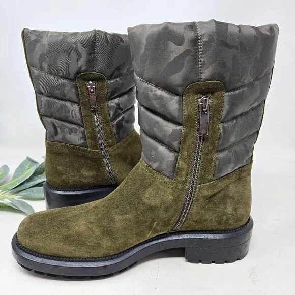 AQUATALIA Lori Waterproof Boots Olive Green Suede | Camo Nylon Size 8