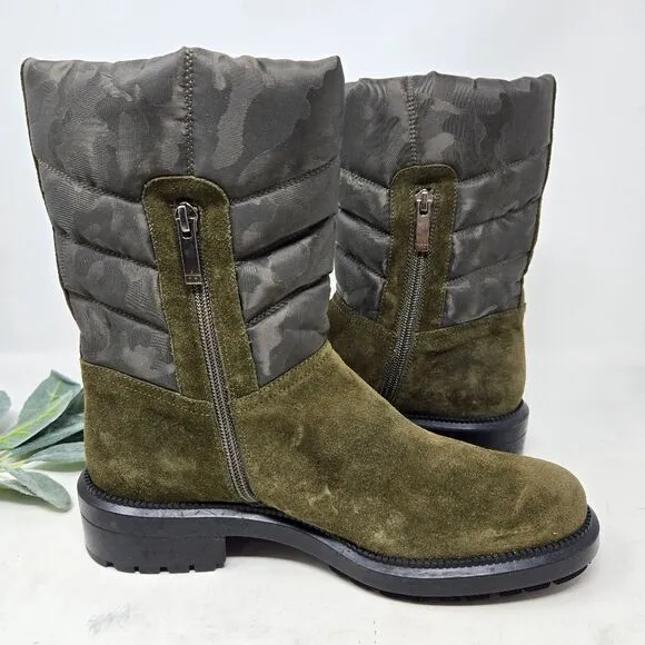 AQUATALIA Lori Waterproof Boots Olive Green Suede | Camo Nylon Size 8