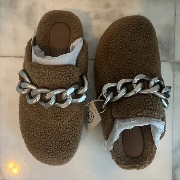 ASH Women's Ghost Fur Mule Slide Clog Brown Leather Silver Metal Chain 7.5 8 38