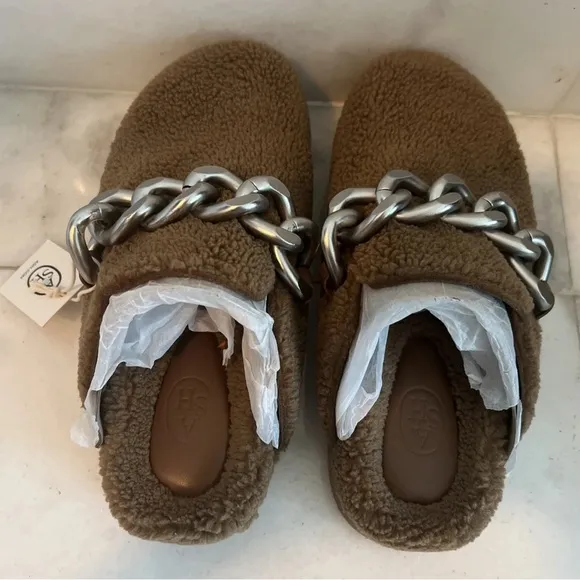 ASH Women's Ghost Fur Mule Slide Clog Brown Leather Silver Metal Chain 7.5 8 38