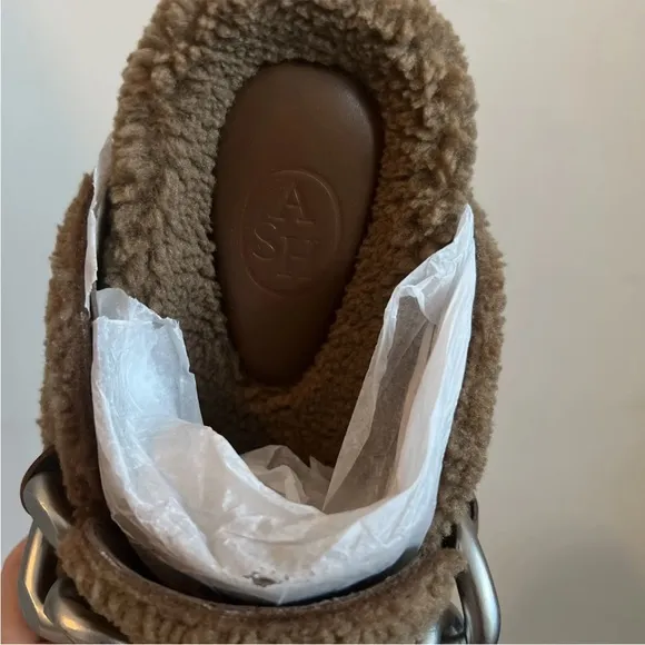 ASH Women's Ghost Fur Mule Slide Clog Brown Leather Silver Metal Chain 7.5 8 38
