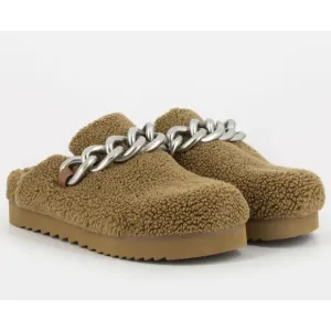 ASH Women's Ghost Fur Mule Slide Clog Brown Leather Silver Metal Chain 7.5 8 38