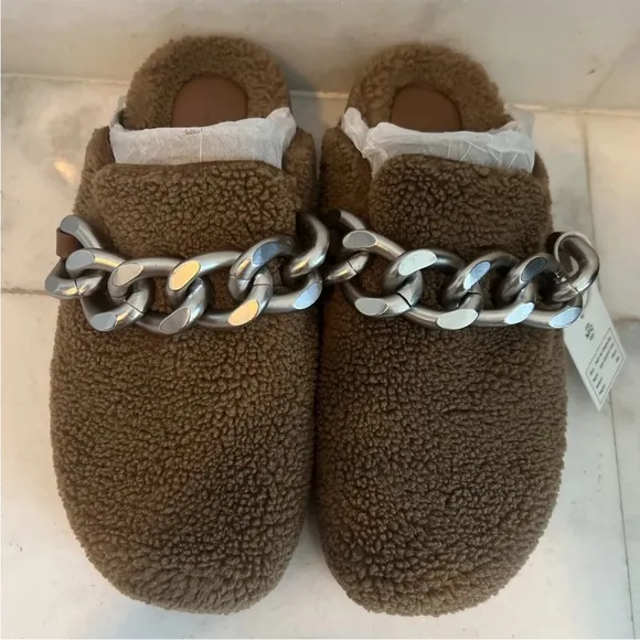 ASH Women's Ghost Fur Mule Slide Clog Brown Leather Silver Metal Chain 7.5 8 38