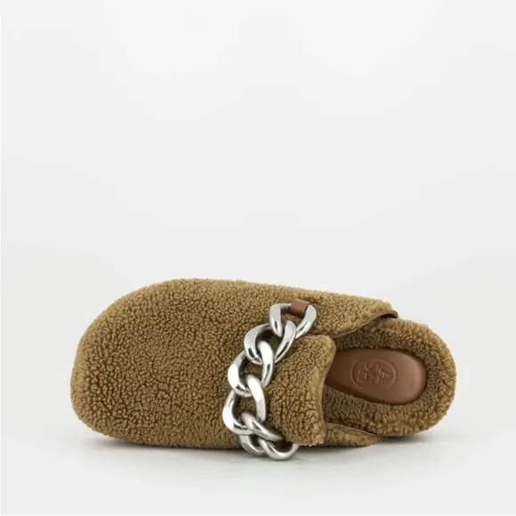 ASH Women's Ghost Fur Mule Slide Clog Brown Leather Silver Metal Chain 7.5 8 38
