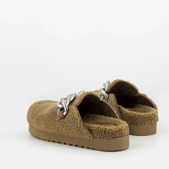 ASH Women's Ghost Fur Mule Slide Clog Brown Leather Silver Metal Chain 7.5 8 38