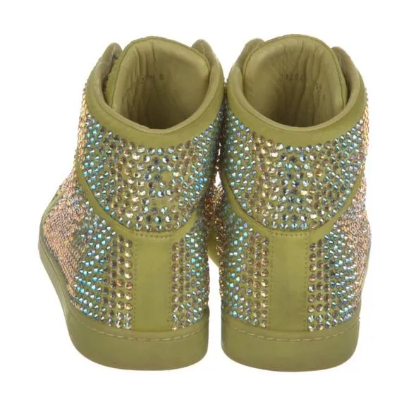 AUTH GUCCI Sneakers High Top Swarovski Crystals Leather Lime RARE 36.5 EU 6.5 US