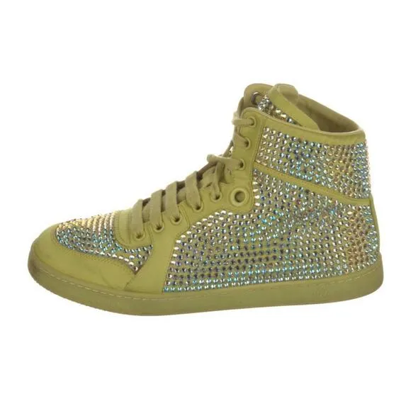 AUTH GUCCI Sneakers High Top Swarovski Crystals Leather Lime RARE 36.5 EU 6.5 US