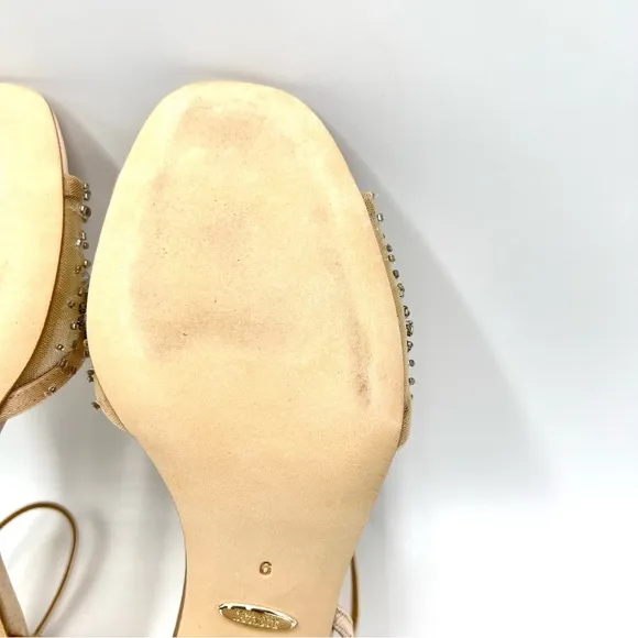 Badgley Mischka Womens Blaine Latte Satin Jeweled Dress Sandals Heels Shoes 9