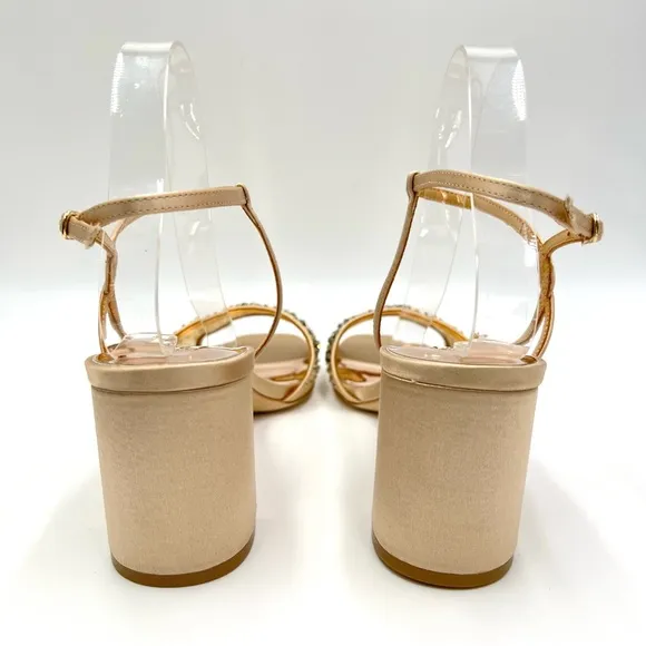 Badgley Mischka Womens Blaine Latte Satin Jeweled Dress Sandals Heels Shoes 9