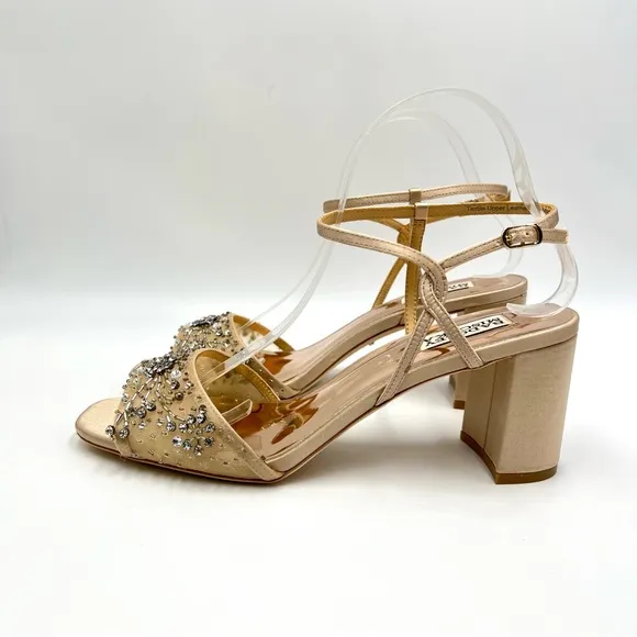 Badgley Mischka Womens Blaine Latte Satin Jeweled Dress Sandals Heels Shoes 9