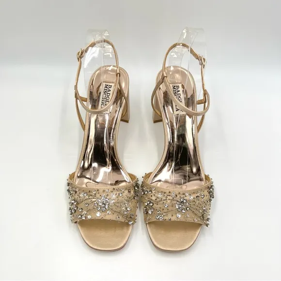 Badgley Mischka Womens Blaine Latte Satin Jeweled Dress Sandals Heels Shoes 9