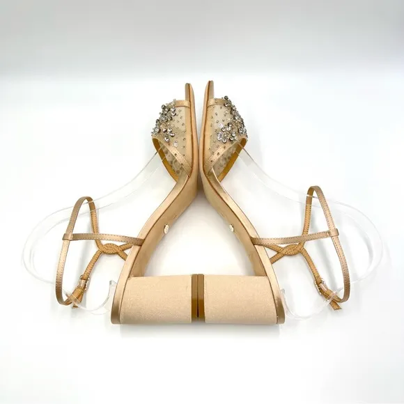 Badgley Mischka Womens Blaine Latte Satin Jeweled Dress Sandals Heels Shoes 9