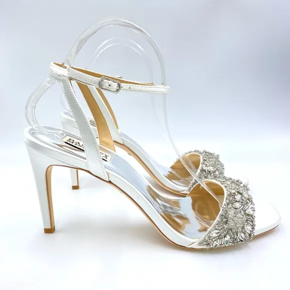 Badgley Mischka Women's Rider Soft White Satin Jewel Embellished Heels Shoes 10
