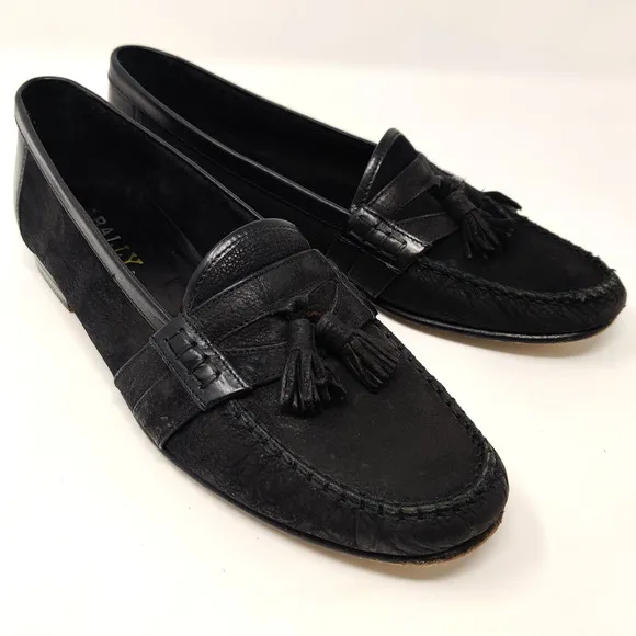 Bally Mens Zack Tassel Loafers SIZE 10 Black Soft Leather Timeless Luxury Italy