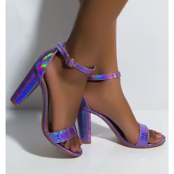 Bamboo Mania Women's Metallic Purple Sexy Snake Skin, Ankle Strap, Block Heeled