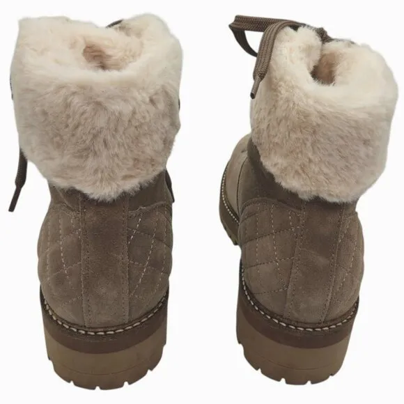 BARBOUR Lula Taupe Suede Lug Sole Ankle Boots US7 UK5 Faux Fur Lace Up Hiking
