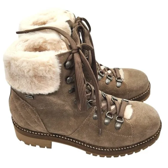 BARBOUR Lula Taupe Suede Lug Sole Ankle Boots US7 UK5 Faux Fur Lace Up Hiking