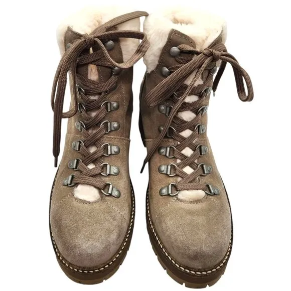 BARBOUR Lula Taupe Suede Lug Sole Ankle Boots US7 UK5 Faux Fur Lace Up Hiking