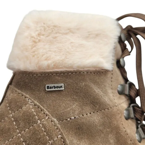 BARBOUR Lula Taupe Suede Lug Sole Ankle Boots US7 UK5 Faux Fur Lace Up Hiking