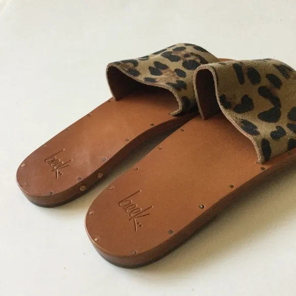 BEEK LOVEBIRD LEATHER AND CALF HAIR SLIDES SANDALS SIZE 7 TAN LEOPARD NWOT