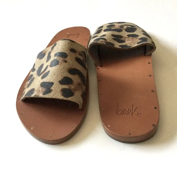 BEEK LOVEBIRD LEATHER AND CALF HAIR SLIDES SANDALS SIZE 7 TAN LEOPARD NWOT