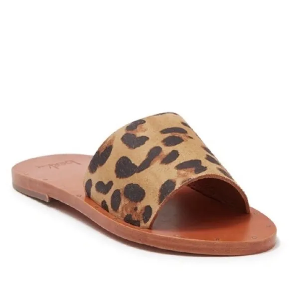 BEEK LOVEBIRD LEATHER AND CALF HAIR SLIDES SANDALS SIZE 7 TAN LEOPARD NWOT