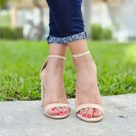 Beige Suede Ankle Strap Block Heel Dress Sandals
