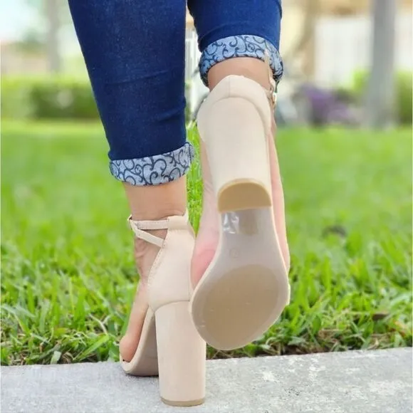 Beige Suede Ankle Strap Block Heel Dress Sandals