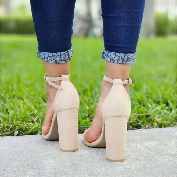 Beige Suede Ankle Strap Block Heel Dress Sandals