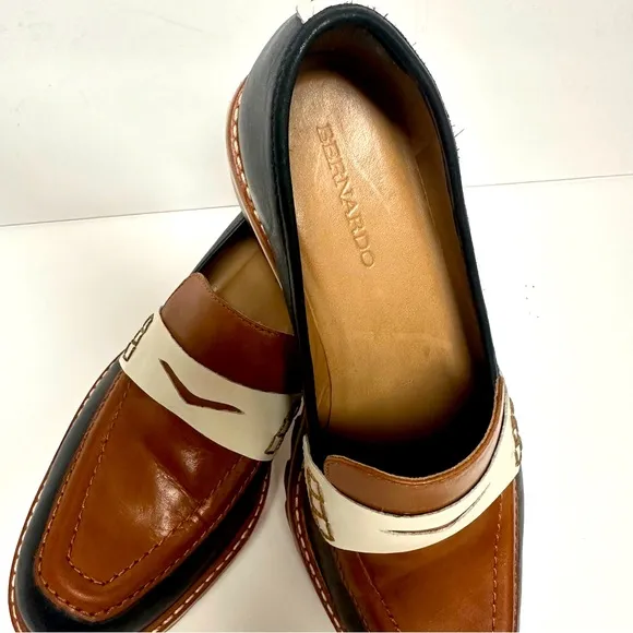 Bernardo Women’s Leather Loafers Brown Black Platform Chunky Heel Monk Strap EUC