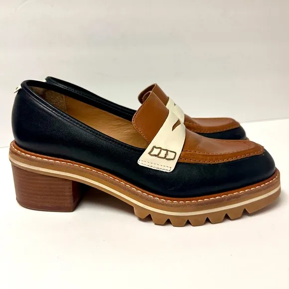 Bernardo Women’s Leather Loafers Brown Black Platform Chunky Heel Monk Strap EUC