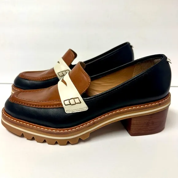 Bernardo Women’s Leather Loafers Brown Black Platform Chunky Heel Monk Strap EUC