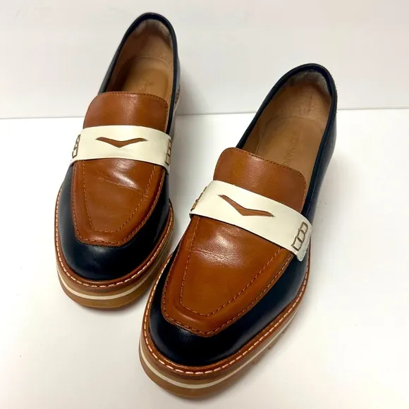 Bernardo Women’s Leather Loafers Brown Black Platform Chunky Heel Monk Strap EUC