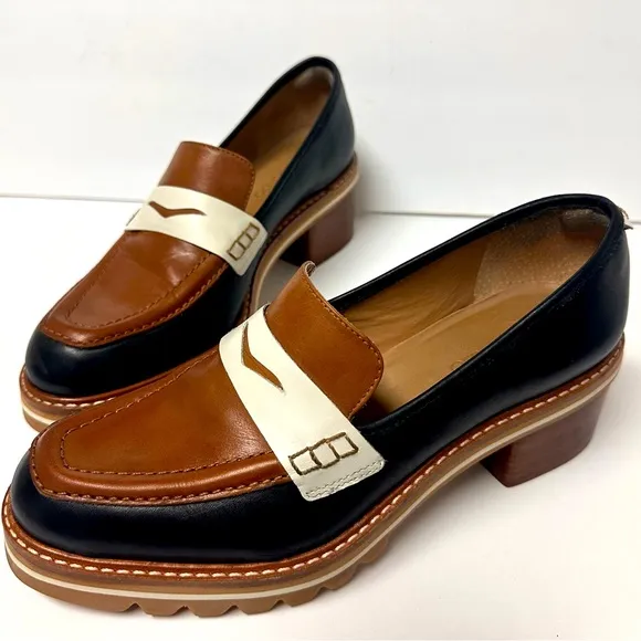 Bernardo Women’s Leather Loafers Brown Black Platform Chunky Heel Monk Strap EUC