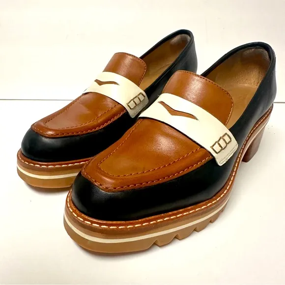 Bernardo Women’s Leather Loafers Brown Black Platform Chunky Heel Monk Strap EUC