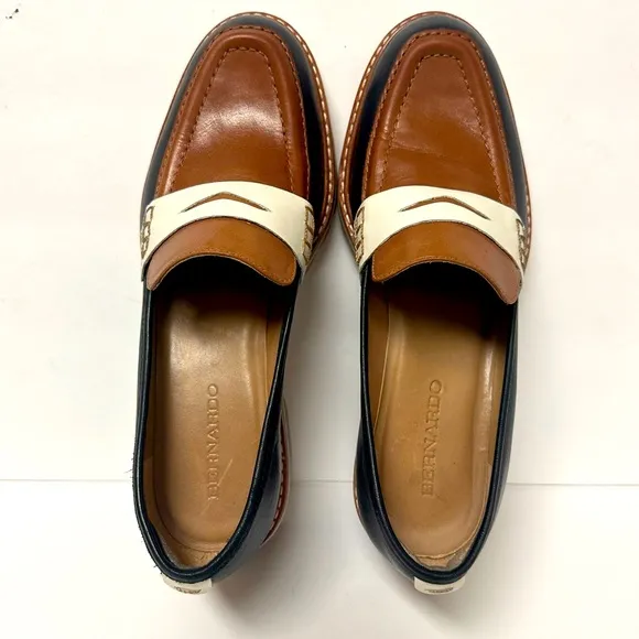 Bernardo Women’s Leather Loafers Brown Black Platform Chunky Heel Monk Strap EUC
