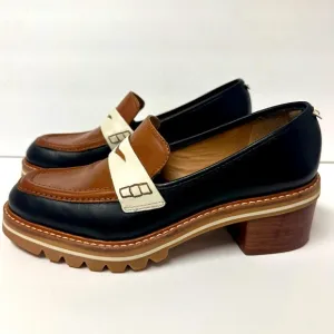 Bernardo Women’s Leather Loafers Brown Black Platform Chunky Heel Monk Strap EUC