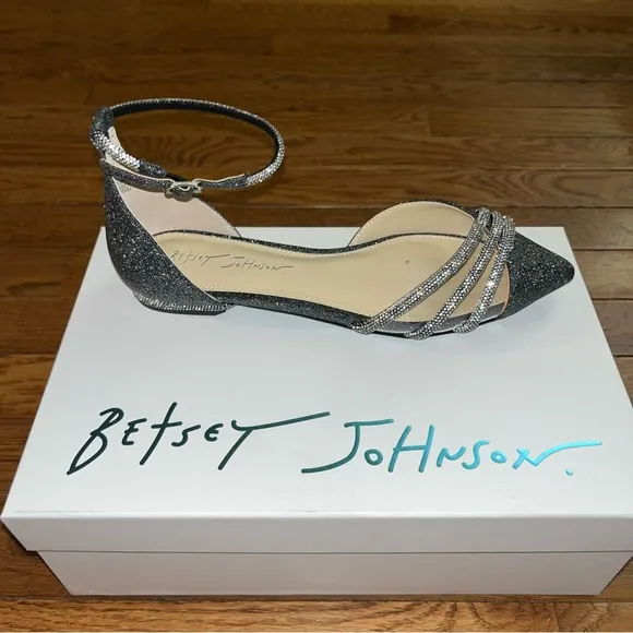 Betsy Johnson Elsah Evening Flats Sparkly Black &amp; Silver &amp; Jewels Women’s Size 6