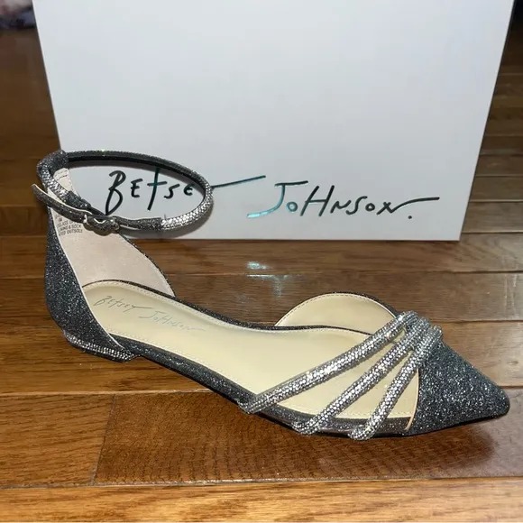 Betsy Johnson Elsah Evening Flats Sparkly Black &amp; Silver &amp; Jewels Women’s Size 6