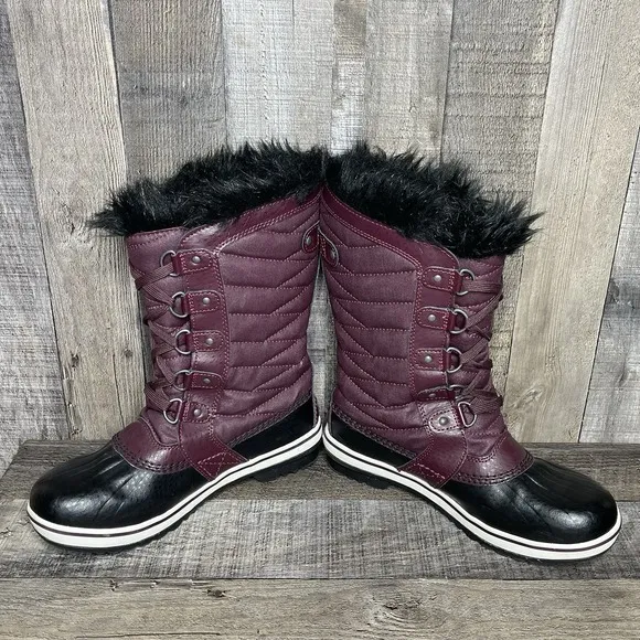 Big Kids Girls Sorel Tofino II Plum Purple Faux Fur Quilted Snow Boots Size 5 Y