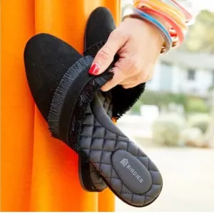 Birdies The Ani Fringe Suede Leather Asymmetric Slip-On Mule Slides Black US 8
