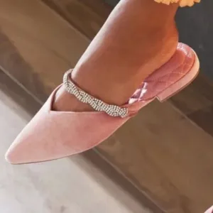 Birdies The Swan Pink Velvet Pointed Toe Jeweled Strap Flats Size 9