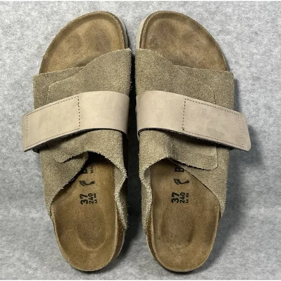 Birkenstock Kyoto Suede EU 37 Women’s 6 Men’s 4 Taupe Leather Slides Hook   Loop