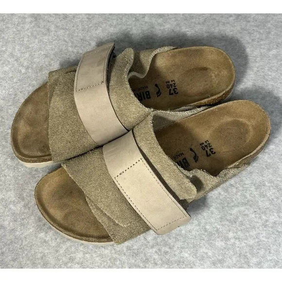 Birkenstock Kyoto Suede EU 37 Women’s 6 Men’s 4 Taupe Leather Slides Hook   Loop